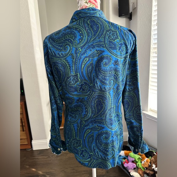 Liz Claiborne long sleeve paisley dark blue deep color pattern fun cuff pattern - Picture 6 of 13